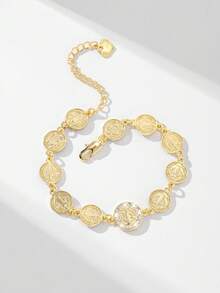 1pc Classic Zirconia Copper Chain Two-Tone Virgin Mary & Jesus Cross Charm Bracelet, Suitable Gift For Mother, Valentine, Couple, Sibling, Friend, Everyday & Festive Wearing & Praying