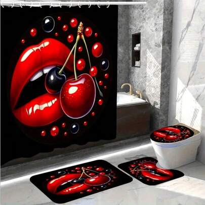 Luxury Red Lips Shower Curtain Set With 12 Hooks: Includes Toilet Seat Cover, Bathroom Mat And Non-Slip Rug - Made Of Polyester Fabric, Waterproof And Washable