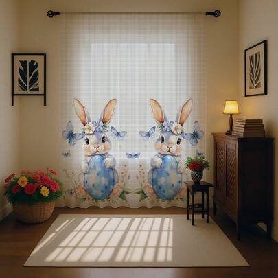 1 pieza Cortina traslúcida ligera de fibra de poliéster con diseño de conejo de Pascua acuarela 2D sosteniendo un huevo azul y una mariposa, adecuada para casa de alquiler, sala de estar, cocina, dormitorio, desmontable y lavable