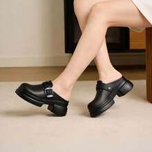 女士厚底纯色夏季花园鞋，可调节搭扣设计，增高透气，柔软舒适，静音无异味，速干木屐，适合居家、户外运动、日常通勤、海滩度假等场合。 - 黑色 - 查看 3