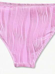 少女比基尼套装，粉色针织面料，特殊材质，两件式泳衣，深V领，可调节肩带，O型环装饰，新款夏季海滩度假泳装 - 粉色 - 查看 6