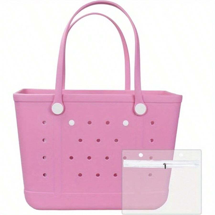 [Rubber Beach Bag] Extra Large Rubber Beach Bag Tote Bag | For Women Large Sandproof Travel Tote Bags For Beach Outdoor Sports - 粉色 - 查看 1