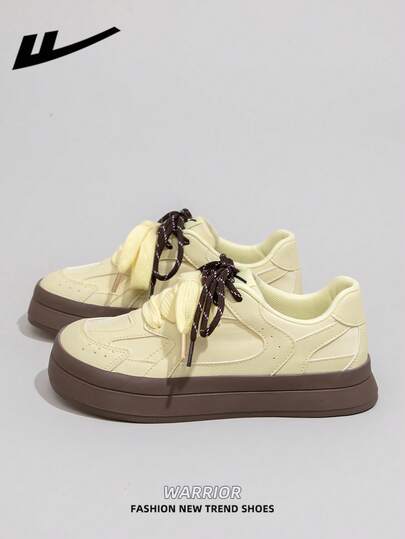  1双 WARRIOR 女士厚底系带软底休闲鞋，低帮户外平底鞋，圆头低跟防滑纯色优雅软底徒步鞋，适合学生、毕业照、平底鞋、女士皮革滑板鞋