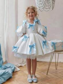 小女孩细肩带蝴蝶结泡泡袖公主裙，适合儿童生日派对、花童、婚礼、舞会、派对、节日庆典 - 白色 - 查看 2