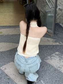 Áo tank top dệt kim họa tiết rỗng với cúc cài dành cho nữ - Màu be - Xem 5