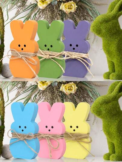 6件套复活节装饰品，木制多层托盘兔子装饰，这些可爱的兔子装饰品为复活节带来欢乐，非常适合多层展示、复活节家居装饰、春季木制装饰、节日派对装饰和生日派对装饰。