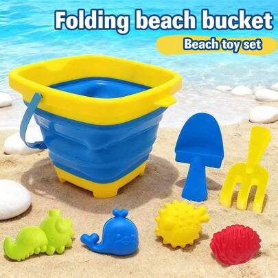 7pcs Beach Toy Sand Toy Set, Kids Sand Box Toys Include Whale, Starfish, Shell Models, Beach Tool Set, Bucket With Mesh Bag, Shovel And Rake, Suitable For Boys And Girls Over 18 Months. Small Size Suitable For Backyard Parties, Summer Trips, Beach