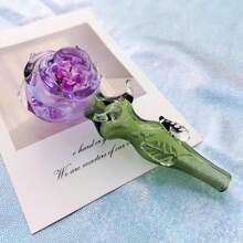 5 Inch New Product  Rose Shaped Glass/Flower Glass Decor With Pink Pouch - Elegant Floral Decor With Green Leaves, Holiday Gift, Birthday Gift, Gift For Friends - 紫色 - 查看 9