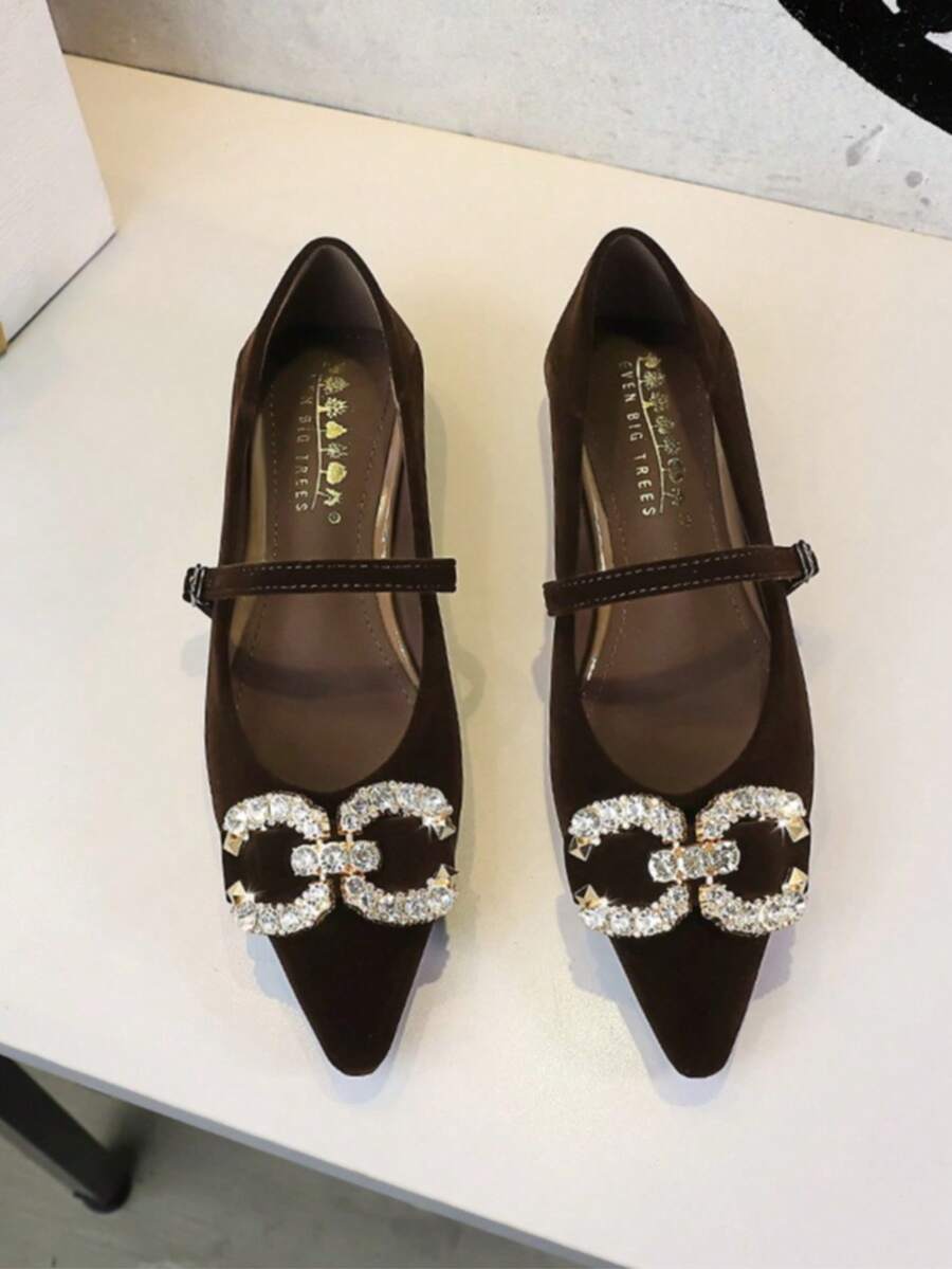 Giày nữ đế xuồng quai cài kiểu cổ điển, giày slip-on mũi nhọn đính đá và khóa cài. - Màu nâu - Xem 1
