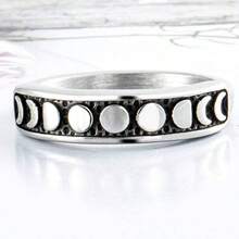 Anillo de compromiso retro clsico de acero inoxidable con forma de fase lunar y apilable - plateado + 7 - Ver 4