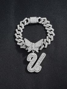 2pcs Women's Silver Necklace Set - A-Z Rhinestone Butterfly Letter Pendant Necklace & Bracelet, Diamond-Shaped Cuban Chain, Cursive Letter Jewelry - Fashion Ice Crystal Butterfly - View 29