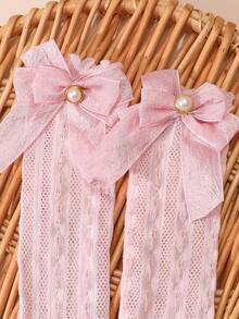 1 Pair Girls' Pearl Triple Bow Solid Color Mesh Socks, Versatile For Daily Wear In Summer - Pink - View 8