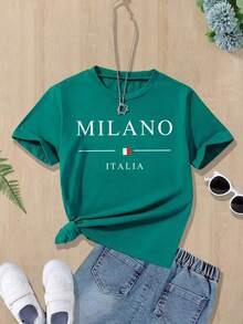 Tween Girls Round Neck Short Sleeve Casual Versatile Letter Graphic T-Shirt, Summer Holiday - Green - View 1