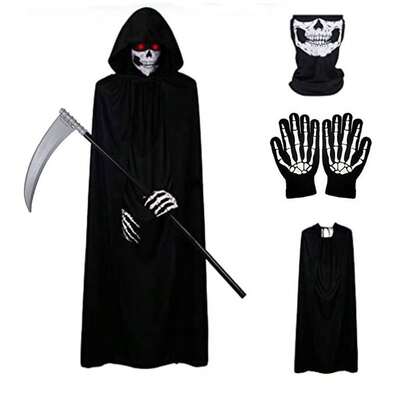 1 Set Halloween Grim Reaper Black Cloak Robe Costume Set For Kids & Adults, Cosplay Scythe Prop, Perfect Birthday, Holiday, Halloween, Christmas Gift, Decoration