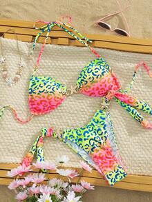 女士时尚两件式比基尼套装，星形装饰和豹纹印花高弹力沙滩装 - 綠粉紅色 - 查看 2