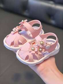 女童凉鞋，夏季婴儿闭趾凉鞋，时尚软底魔术贴童鞋 - 粉色 - 查看 3