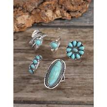 5pcs Vintage & Fashionable & Exquisite Bohemian Style Leaf, Flower, Geometric & Turquoise Ring Set For Women Western Jewelry Valentines,Mom,Mother,Mother's Day,Gift - 復古銀色 - 查看 2