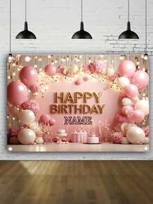 Personalized Name & Birthday Background - Pink Balloon Party Photo Backdrop, Valentine's Day Family Party Decor, Children's Birthday Party Photo Booth Banner - Multicolor - View 6