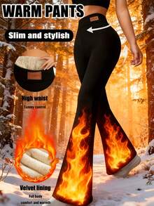 Valentine's Day Gifts Autumn Winter Fleece Lined Warm Flared Pants Women High Waist Elastic Micro Flare Trousers Fitness Yoga Thermal Pants Local Shipping - 黑色 - 查看 1
