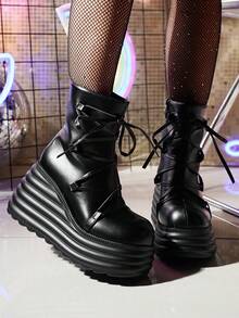 Unisex Lolita Punk Platform Shoes, Women Gothic Y2K Ankle Boots - Black - View 6