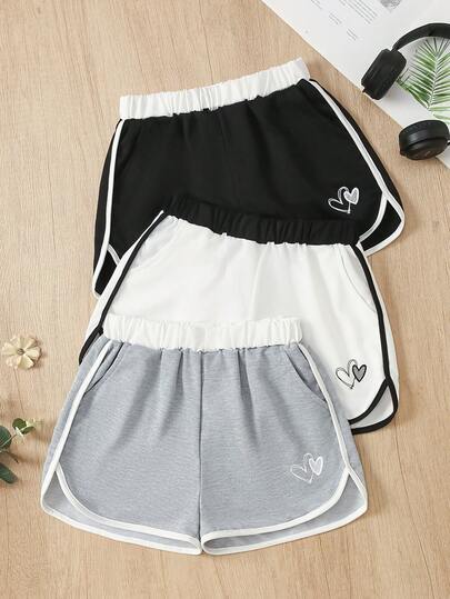 3pcs Girls' Sports Shorts, New Summer Casual Sports Style With Heart Print, Suitable For Girls, School, Campus And Sports