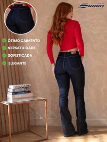 Calça Jeans Feminina Sawary Flare Cintura Média Boca de Sino Elastano Lycra Confortável Escura - Azul petróleo - Visão 4