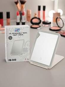 Espejo LED Recargable Viaje Iluminación Ajustable Luz Fría Cálida Plegable Compacto Maquillaje Tocador Portátil - Blanco - Ver 3