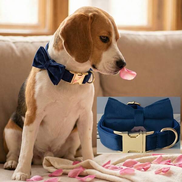 2pcs/Set Navy Blue Velvet Zinc Alloy Buckle Pet Dog Collar + Bow Tie Set, Adjustable Velvet Dog Collar With Gold Clasp - Soft & Comfortable Pet Neckband, Suitable For Small, Medium And Large Dogs, Adjustable Dog Collar | Velvet Pet Collar | Soft Velvet Material, Dog Lover's Day, St. Patrick's Day, Ramadan, Easter, New Year Birthday Gift