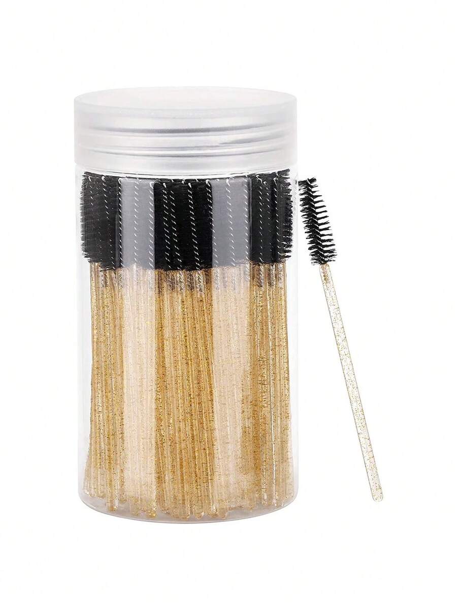 100支一次性睫毛夹套装，含收纳盒，水晶金手柄黑色刷头，睫毛嫁接化妆工具套装