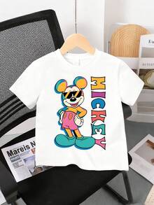 Disney White Background Mickey Mouse Color-Blocked Sunglasses Pose Vertical Letter Print Kids' Short Sleeve T-Shirt - Vibrant And Playful Casual Top - White - View 3