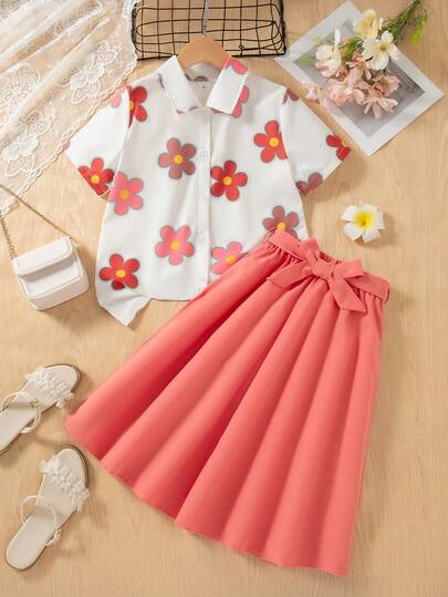 2件套女童休闲印花纽扣设计Polo领短袖上衣和纯色蝴蝶结装饰腰带A字裙，春夏款