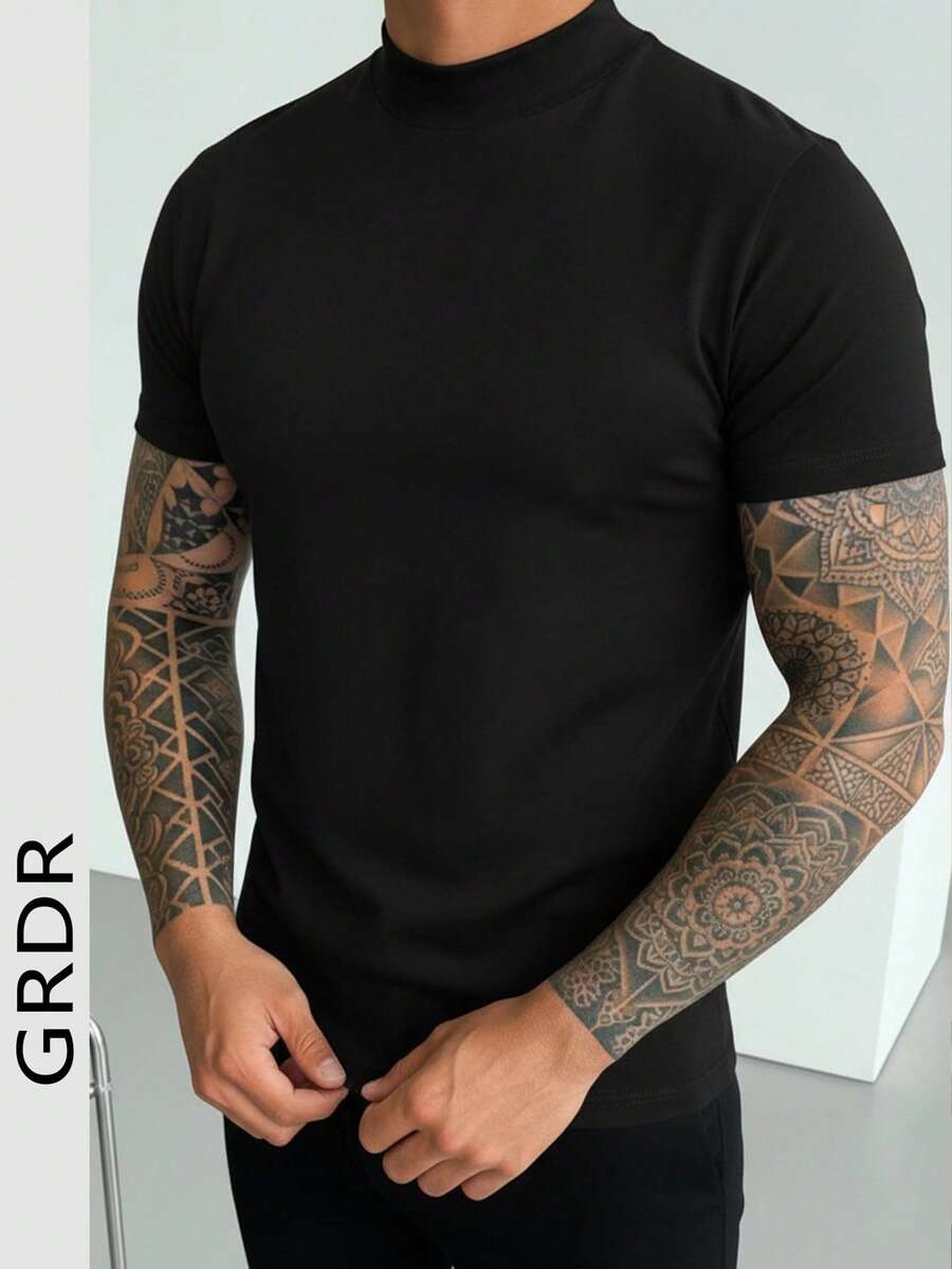 GRDR Men's Fashionable Mock Neck Short Sleeve T-Shirt | Exquisite Design | Summer Essential | Easy To Match | Showcase Your Style - Black - View 1