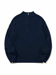 Women's Simple Ribbed Solid Color Casual Korean Textured Commuter Loose Versatile Stand Collar Zipper Half-Placket Pullover Long Sleeve Sweater, Spring/Autumn/Winter - Royal Blue - View 6