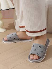 女士新款露趾拖鞋，舒适室内家居静音拖鞋，灯芯绒面料蝴蝶结设计，卧室家居地板拖鞋 - 灰色 - 查看 2