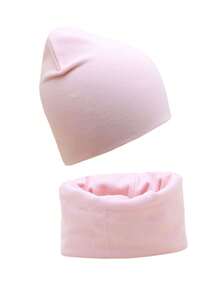 Set de 2 piezas de gorro y bufanda de unicolor para niños, gorro y bufanda de punto cálidos para niñas pequeñas/grandes, primavera/otoño - Rosa Pálido - Ver 2