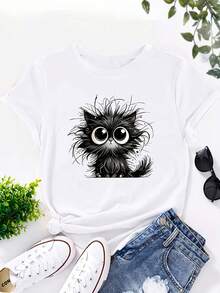 0-8XL Women Casual Short Sleeve T-Shirt Cute Cat Print Round Neck Breathable Tee Machine Washable All-Season Comfort Fit For Casual Attire Ladies T Shirts Comfortable Fit Versatile Top Playful Design Durable Construction Printed Top Fashion Enthusiasts - trắng - Xem 1