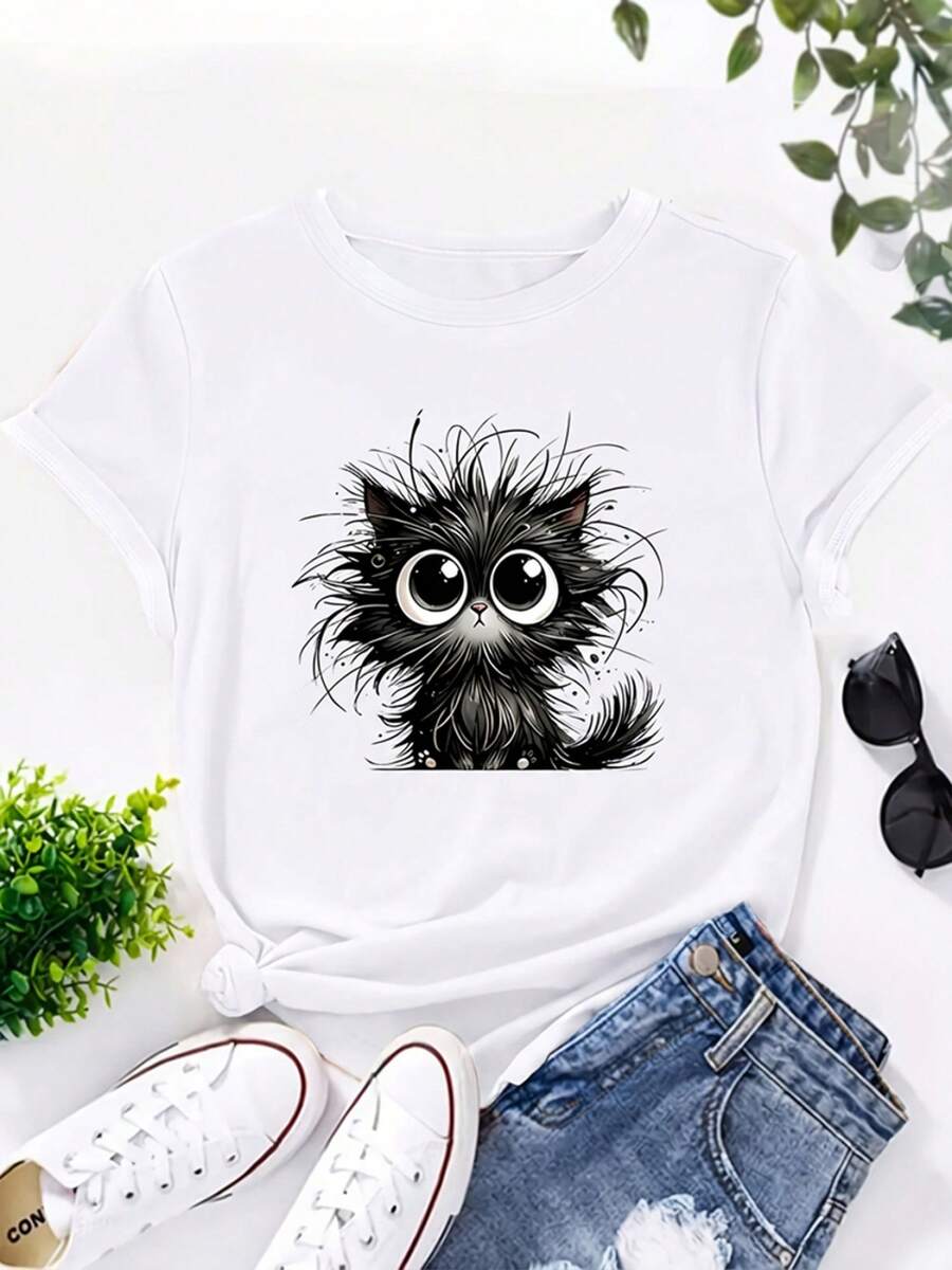 0-8XL Women Casual Short Sleeve T-Shirt Cute Cat Print Round Neck Breathable Tee Machine Washable All-Season Comfort Fit For Casual Attire Ladies T Shirts Comfortable Fit Versatile Top Playful Design Durable Construction Printed Top Fashion Enthusiasts - trắng - Xem 1
