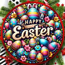 1pc, Happy Easter Vintage Round Wooden Plaque, Wreath Sign, Wreath Enhancement, Hanging Wooden Plaque, Wall/Room/Home/Restaurant/Bar/Cafe/Door/Courtyard/Garage Decor - Multicolor - View 7