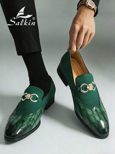 Salkin Vintage Men's Slip-On Loafers, Elegant Gentleman Oxfords With Buckle Decor, Faux Suede Patchwork, Non-Slip Durable Sole, Casual/Business/Formal Wear, Suitable For College, Graduation, Office, Party, Wedding, Spring/Summer/Autumn, Recommend Sizing Down