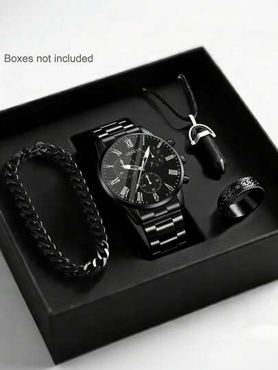 4/1pc Boys Fashion Casual Business Round Quartz Watch Set With Pendant Bracelet And Ring, Suitable For Boys Daily Wear, Birthday/Holiday Gift, Party, School Opening, Festival Decoration, Ideal Gift For Boys On Valentine''s Day And New Year