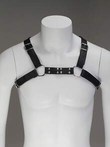 1pc Men's Gothic Punk Black Faux Leather Chest Harness With Metal Rings & Rivets Adjustable For Club Rave Party Outfit - Multicolor - View 4