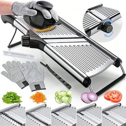Cortador de mandolina ajustable para cocina, cortador de alimentos de acero inoxidable, para papa/tomate/zanahoria/verduras/frutas/cebolla, con pelador de verduras, pelador de maz, guantes