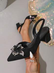 Spring New Fashion Women's Pointed Toe Wedding High Heels, Thick Heel Black Rhinestone Bow Casual Comfortable Shoes - Black - View 1