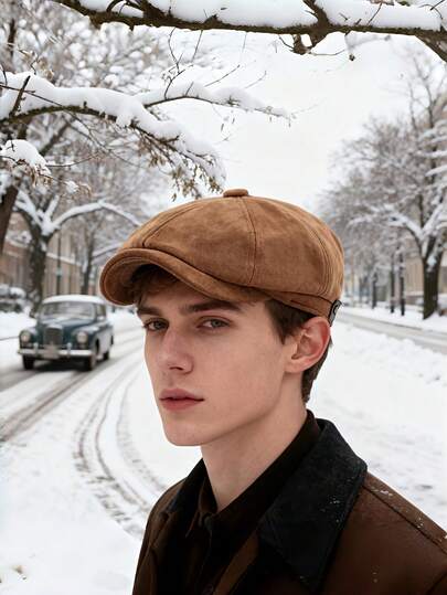 男士冬季复古英伦风八角贝雷帽，经典设计，轻便保暖，适合圣诞节、新年、独立日等休闲及正式场合，也是情人节的绝佳礼物。采用耐用材质，日常佩戴舒适，兼具时尚与节日配饰功能。简约的艺术家帽和短檐报童帽，四季皆宜，是男士日常穿搭的必备单品。