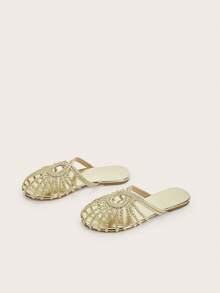 Handmade Woven Gold Twist Strap Flat Sandals For Women, Random Woven Pattern, Random Twist Design - Gold - View 3