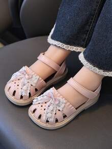 Cute Rhinestone Bow Open Toe Girls Sandals, Breathable Non-Slip Beach Holiday Shoes - Pink - View 1