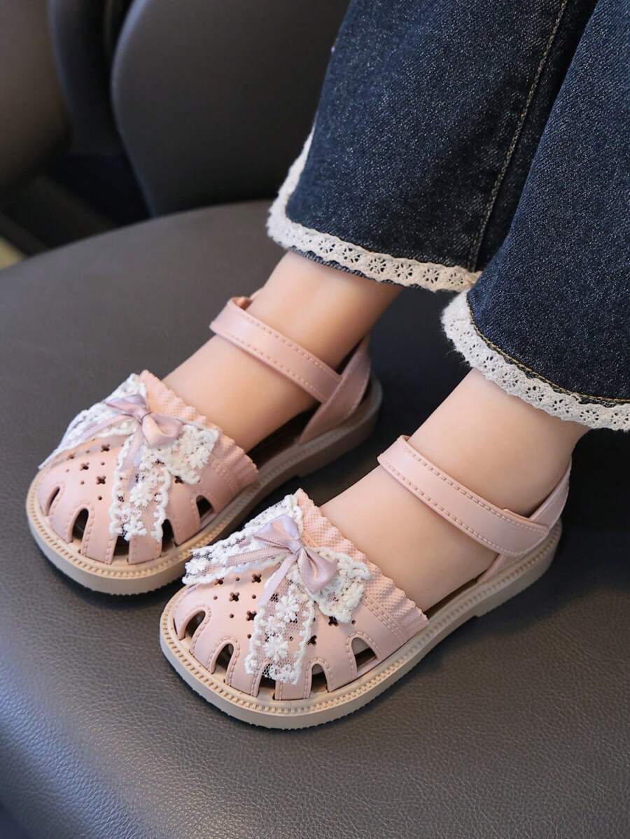 Cute Rhinestone Bow Open Toe Girls Sandals, Breathable Non-Slip Beach Holiday Shoes - Pink - View 1