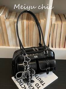 This Is A Fashionable And High-End All-Black Shoulder Bag, Featuring Letter Decoration And An External Black Heart-Shaped Pendant Design. The Handbag Has Multiple Pockets And Multi-Functional Compartments, Using Smooth Zippers For Closure, And A Dual-Handle Top That Allows For Shoulder Or Hand Carrying. It Is Very Suitable For Ladies To Use When Going Out, Shopping, Or On Dates. - Black - View 9