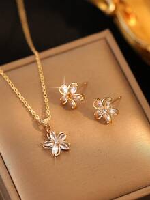 3pcs/Set Elegant Five-Flower Design Cubic Zirconia Necklace Earring Sets Girls/Teenagers Charm Jewelry Friendship Gift For Daily Wear And Festivals - Gold - View 1