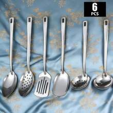 6pcs Stainless Steel Flatware Set, Including Soup Spoon, Ladle, Serving Spoon, Suitable For Home, Kitchen, Hotel, Buffet, Party, Christmas Gift, School Supplies - Silver - View 2